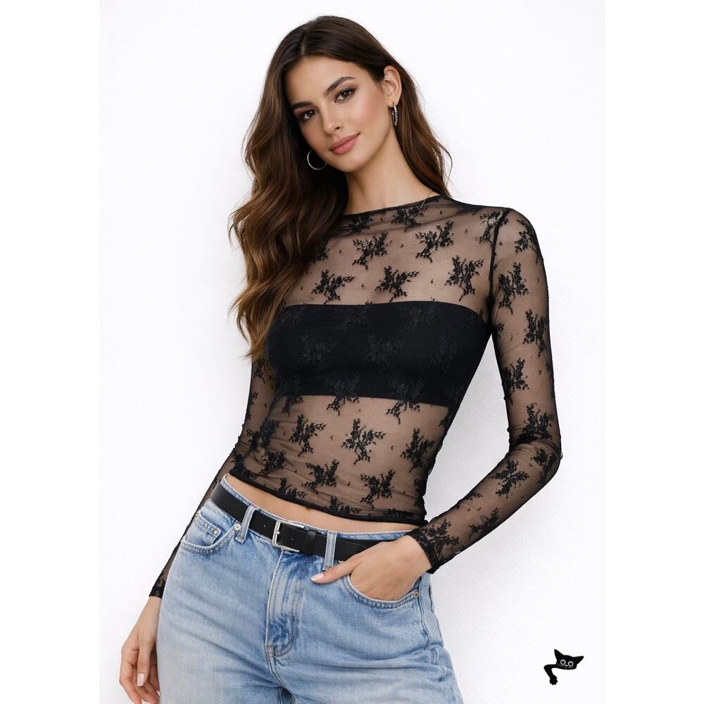 Free People Lady Lux Black Sheer Lace Floral Top XS - Picture 3 of 9